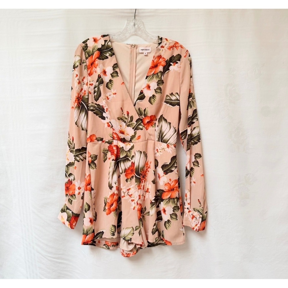 Superdown Peach Floral Long Sleeve Romper V-Neck Tropical Print Womens Medium
